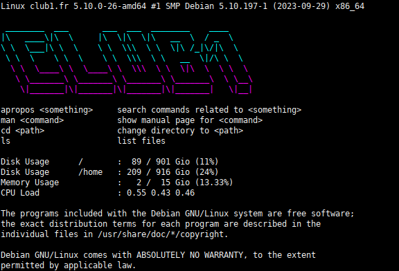 Le MOTD de CLUB1 affichant fièrement la bannière de Debian, le système dont il est maintenant originaire